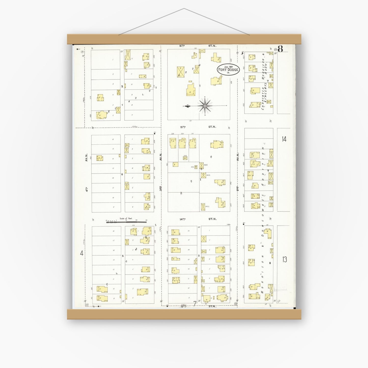 Old map wall art mockup — magnetic wood frame on white wall — Sanborn Fire Insurance Map from Fort Dodge, Webster County, Iowa (1907), Sheet #0008