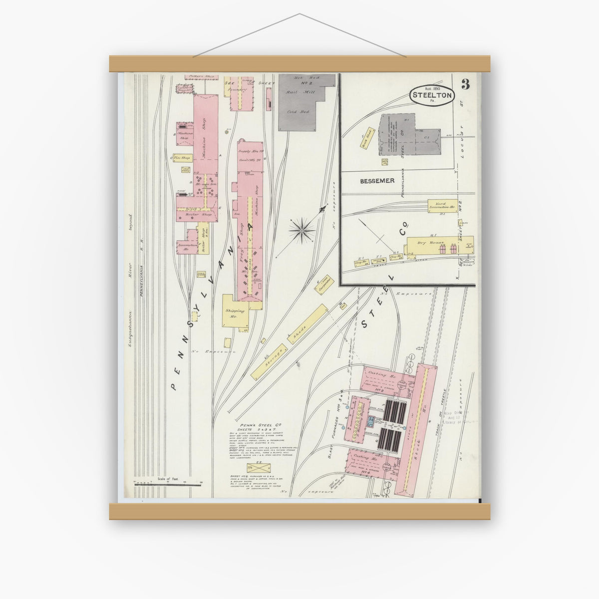 Old map wall art mockup — magnetic wood frame on white wall — Sanborn Fire Insurance Map from Steelton, Dauphin County, Pennsylvania (1890), Sheet #0003