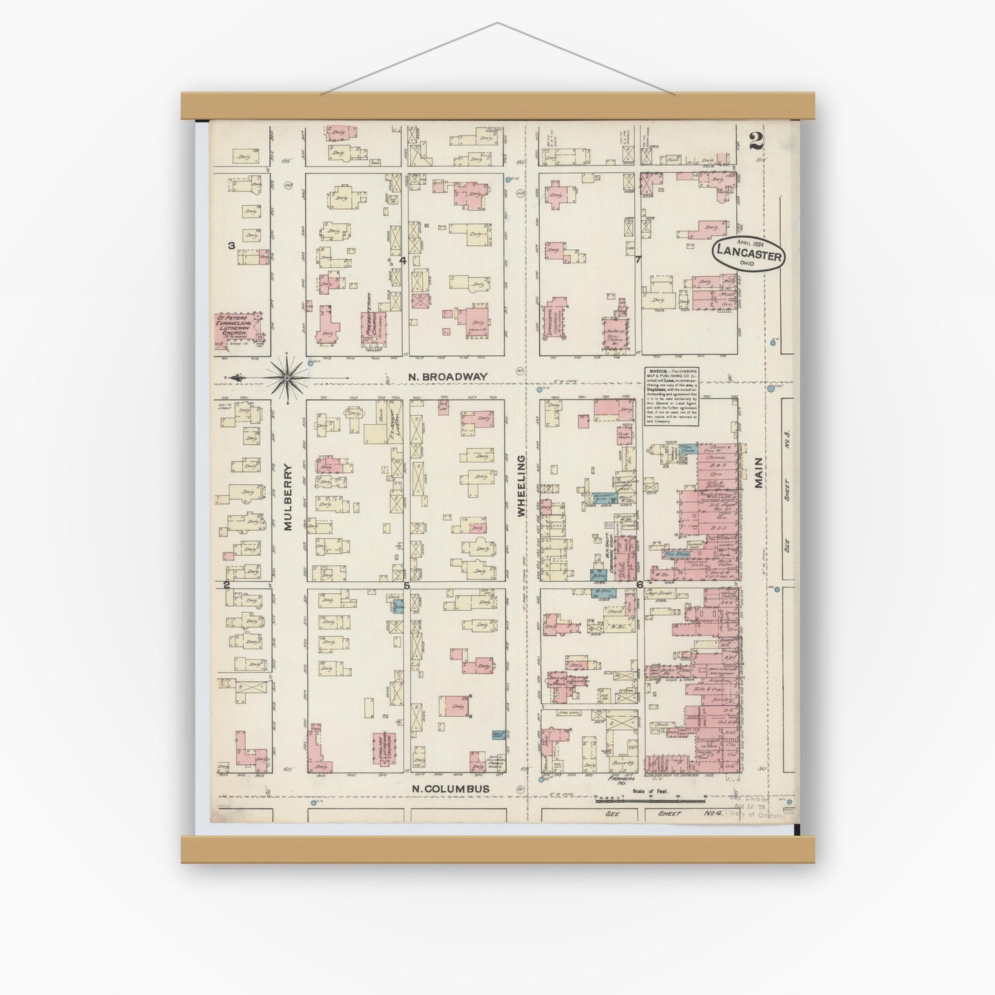 Old map wall art mockup — magnetic wood frame on white wall — Sanborn Fire Insurance Map from Lancaster, Fairfield County, Ohio (1884), Sheet #0002