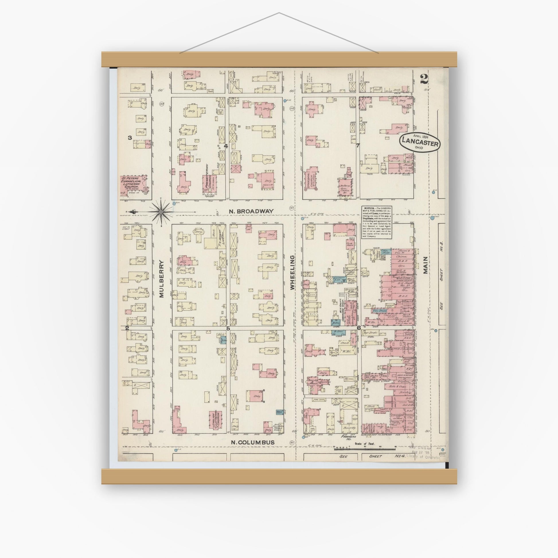 Old map wall art mockup — magnetic wood frame on white wall — Sanborn Fire Insurance Map from Lancaster, Fairfield County, Ohio (1884), Sheet #0002