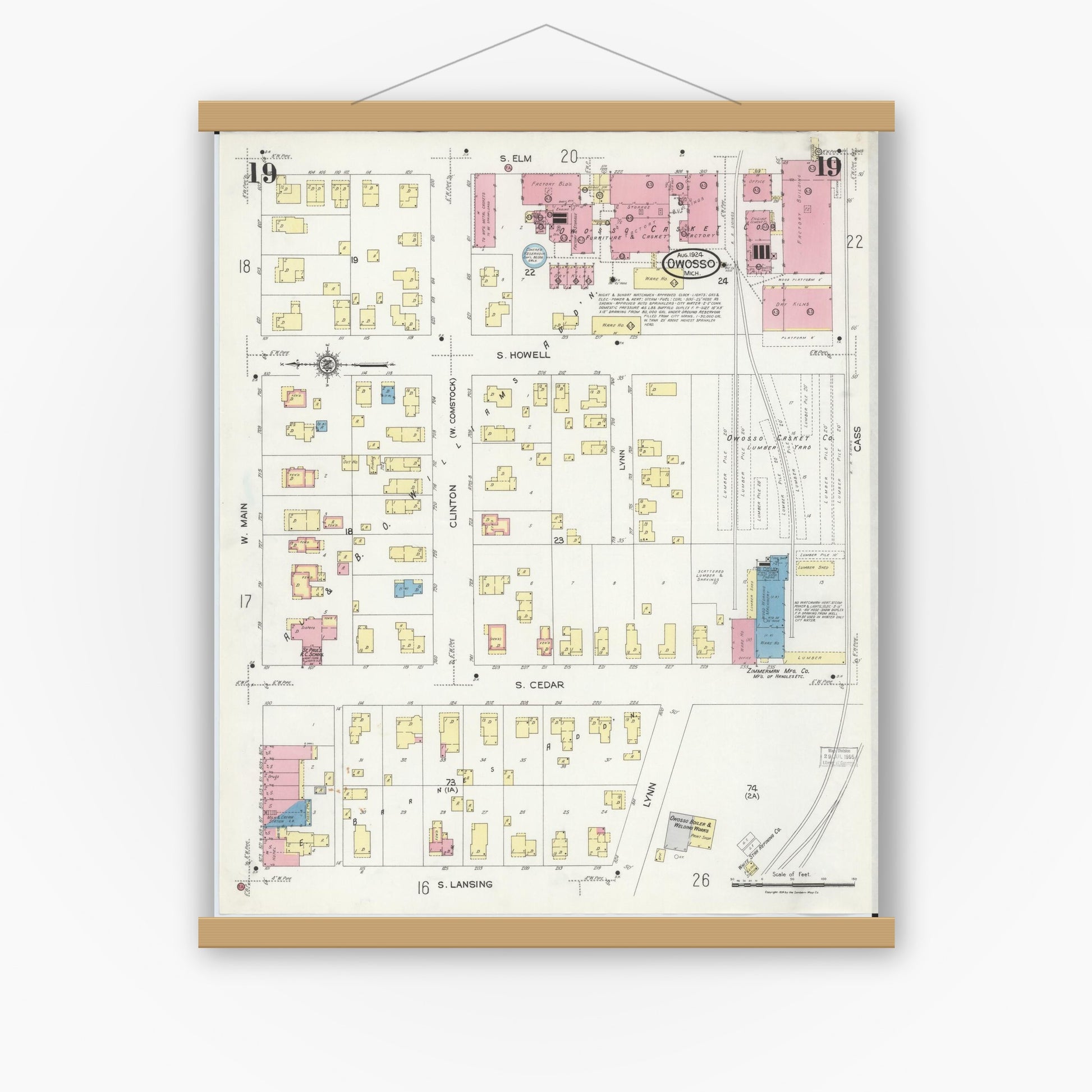 Old map wall art mockup — magnetic wood frame on white wall — Sanborn Fire Insurance Map from Owosso, Shiawassee County, Michigan (1924), Sheet #0019