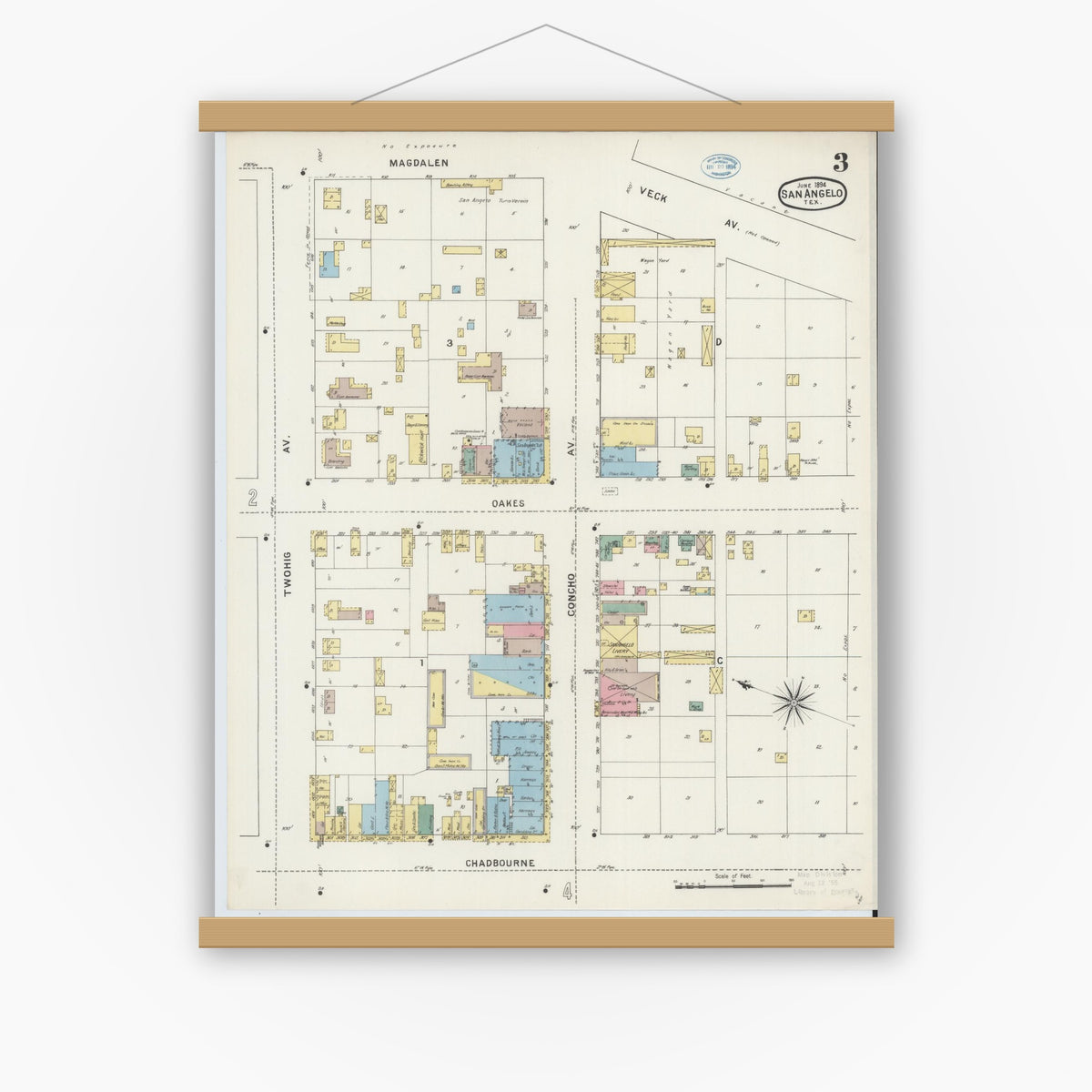 Old map wall art mockup — magnetic wood frame on white wall — Sanborn Fire Insurance Map from San Angelo, Tom Green County, Texas (1894), Sheet #0003