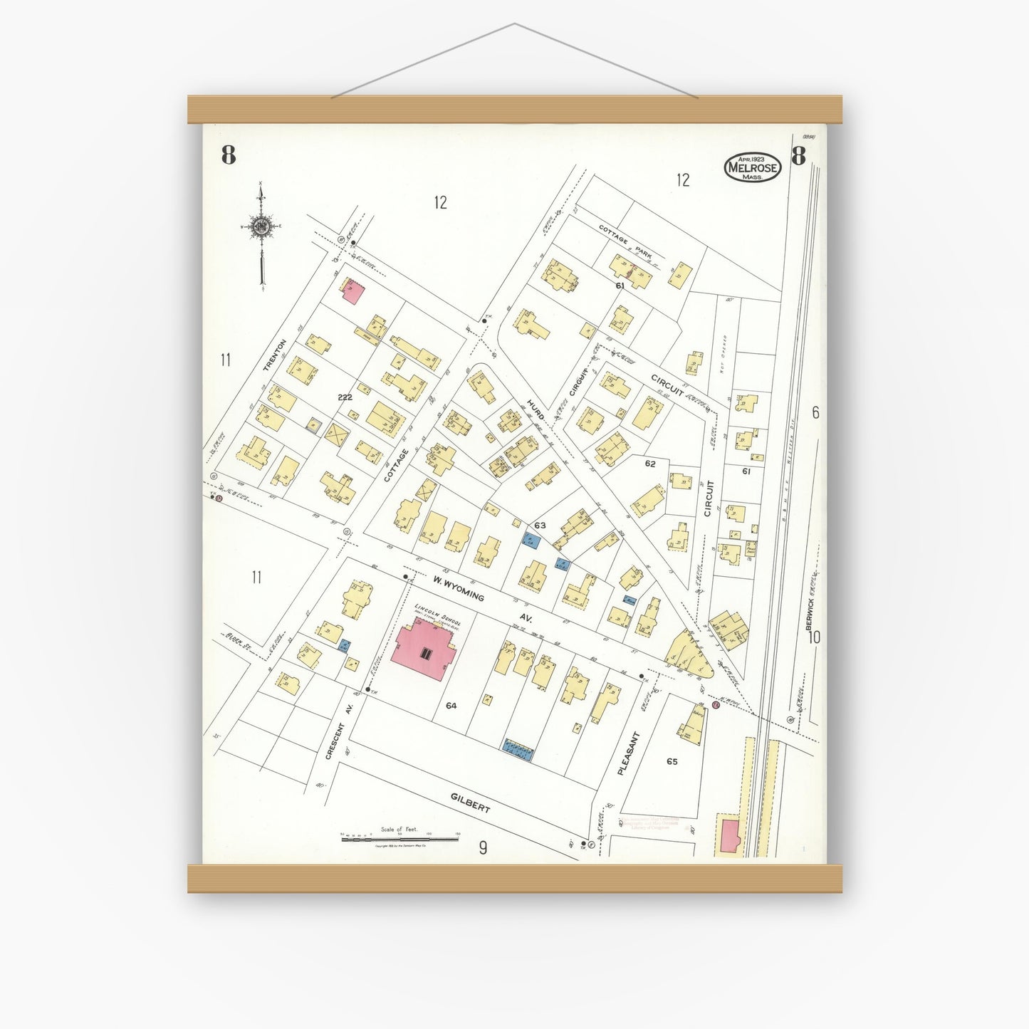Old map wall art mockup — magnetic wood frame on white wall — Sanborn Fire Insurance Map from Melrose, Middlesex County, Massachusetts (1923), Sheet #0008