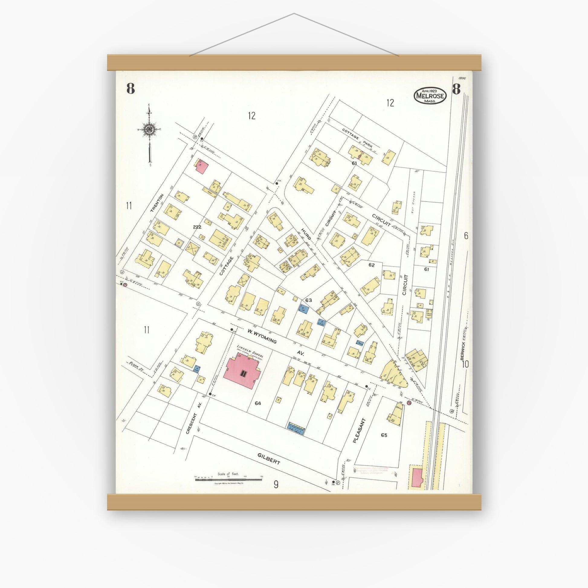 Old map wall art mockup — magnetic wood frame on white wall — Sanborn Fire Insurance Map from Melrose, Middlesex County, Massachusetts (1923), Sheet #0008