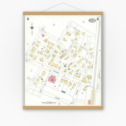 Old map wall art mockup — magnetic wood frame on white wall — Sanborn Fire Insurance Map from Melrose, Middlesex County, Massachusetts (1923), Sheet #0008