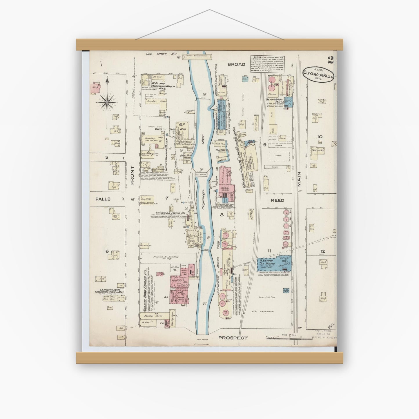 Old map wall art mockup — magnetic wood frame on white wall — Sanborn Fire Insurance Map from Cuyahoga Falls, Summit County, Ohio (1884), Sheet #0002