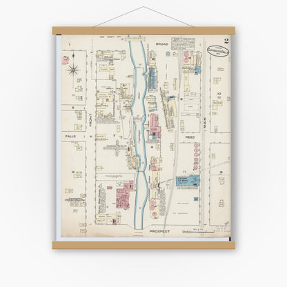 Old map wall art mockup — magnetic wood frame on white wall — Sanborn Fire Insurance Map from Cuyahoga Falls, Summit County, Ohio (1884), Sheet #0002