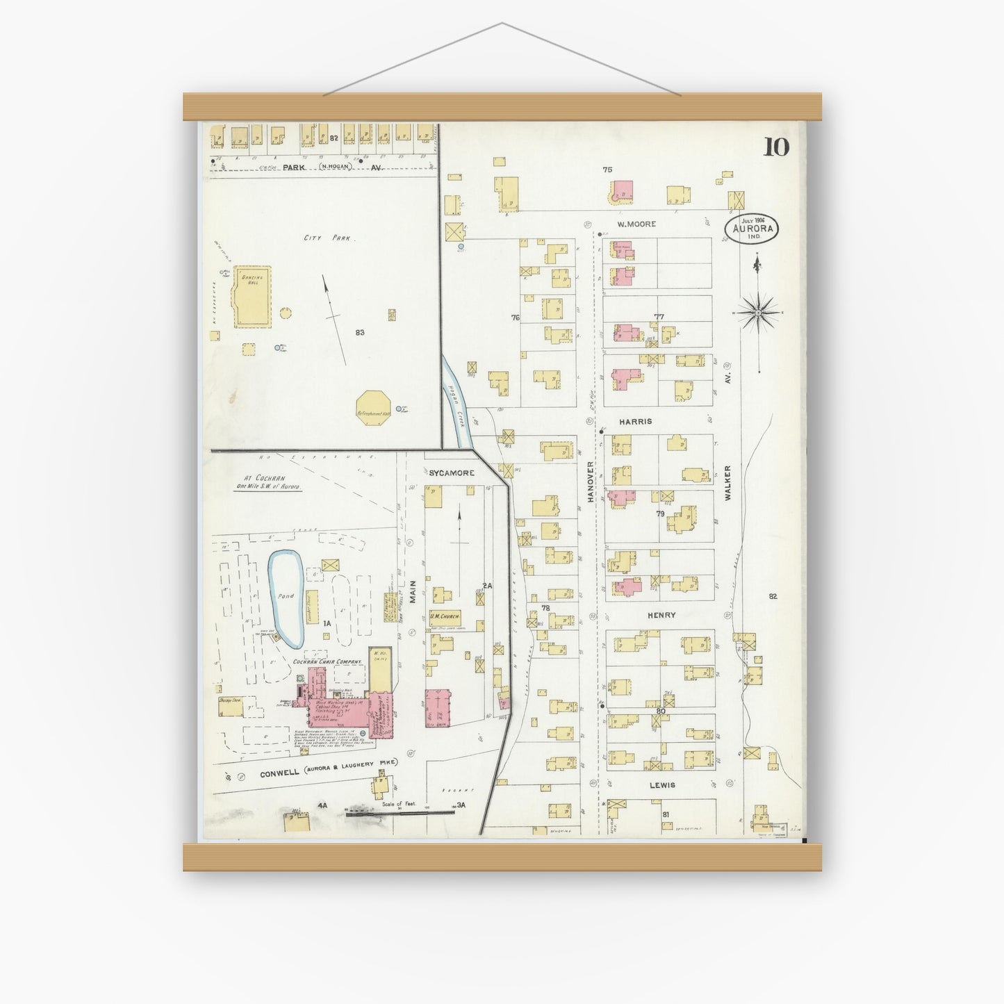 Old map wall art mockup — magnetic wood frame on white wall — Sanborn Fire Insurance Map from Aurora, Dearborn County, Indiana (1906), Sheet #0010