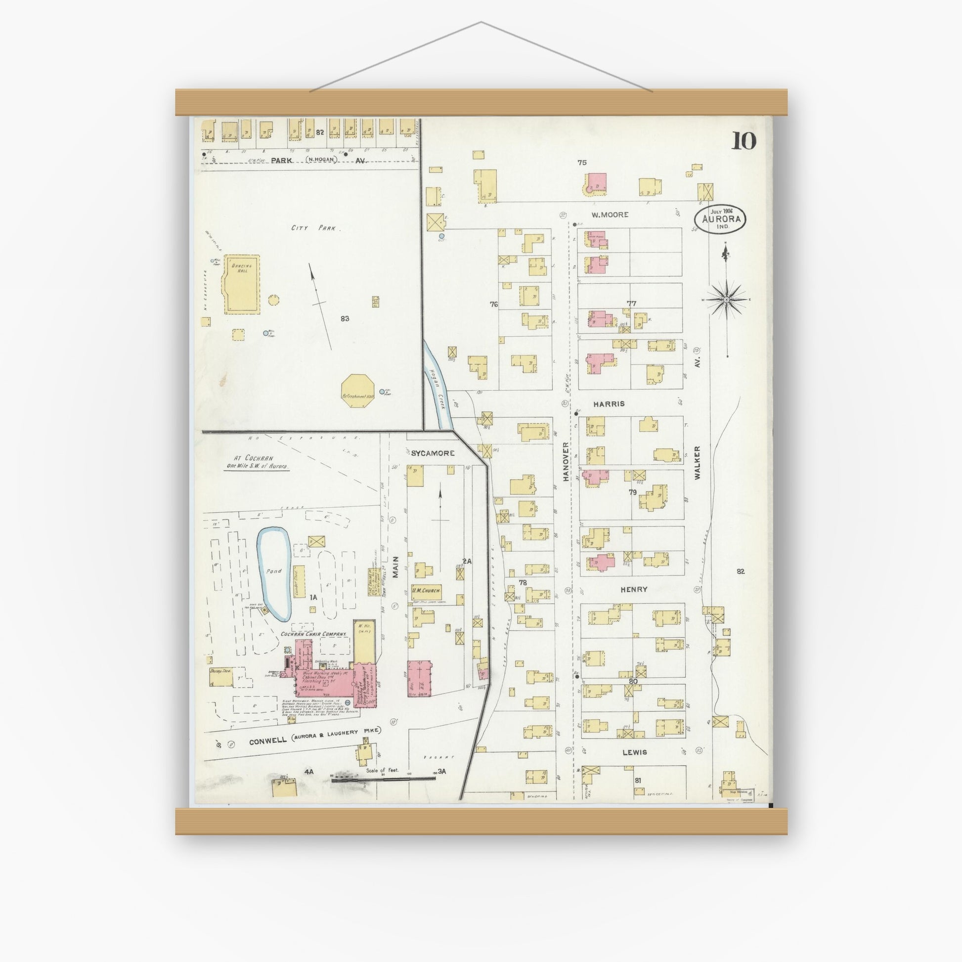 Old map wall art mockup — magnetic wood frame on white wall — Sanborn Fire Insurance Map from Aurora, Dearborn County, Indiana (1906), Sheet #0010
