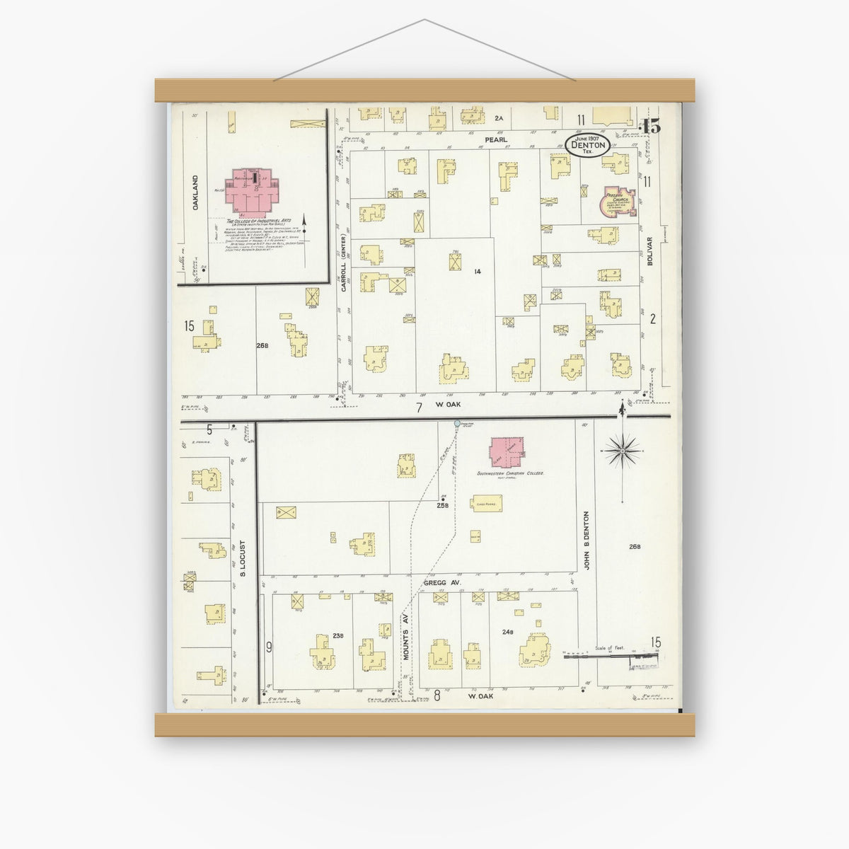 Old map wall art mockup — magnetic wood frame on white wall — Sanborn Fire Insurance Map from Denton, Denton County, Texas (1907), Sheet #0015