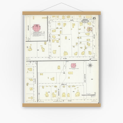 Old map wall art mockup — magnetic wood frame on white wall — Sanborn Fire Insurance Map from Denton, Denton County, Texas (1907), Sheet #0015