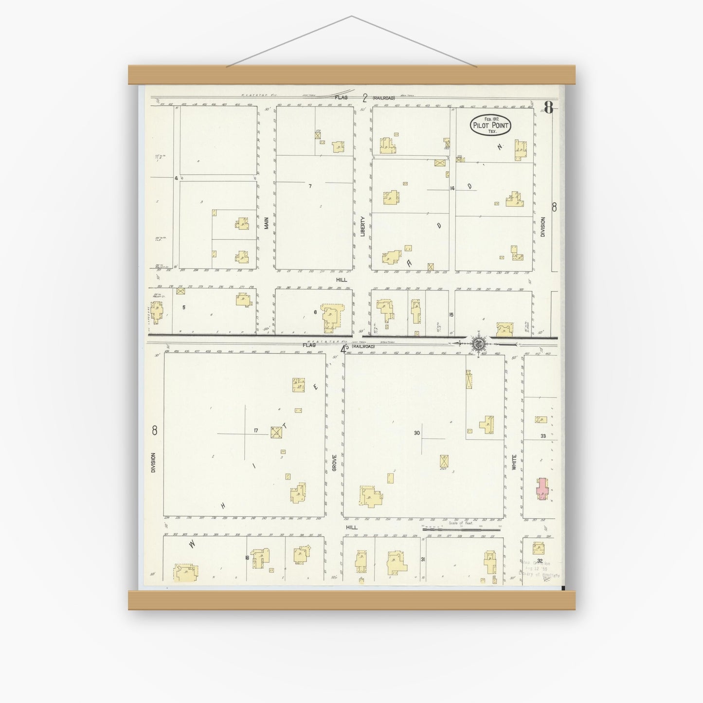 Old map wall art mockup — magnetic wood frame on white wall — Sanborn Fire Insurance Map from Pilot Point, Denton County, Texas (1912), Sheet #0008