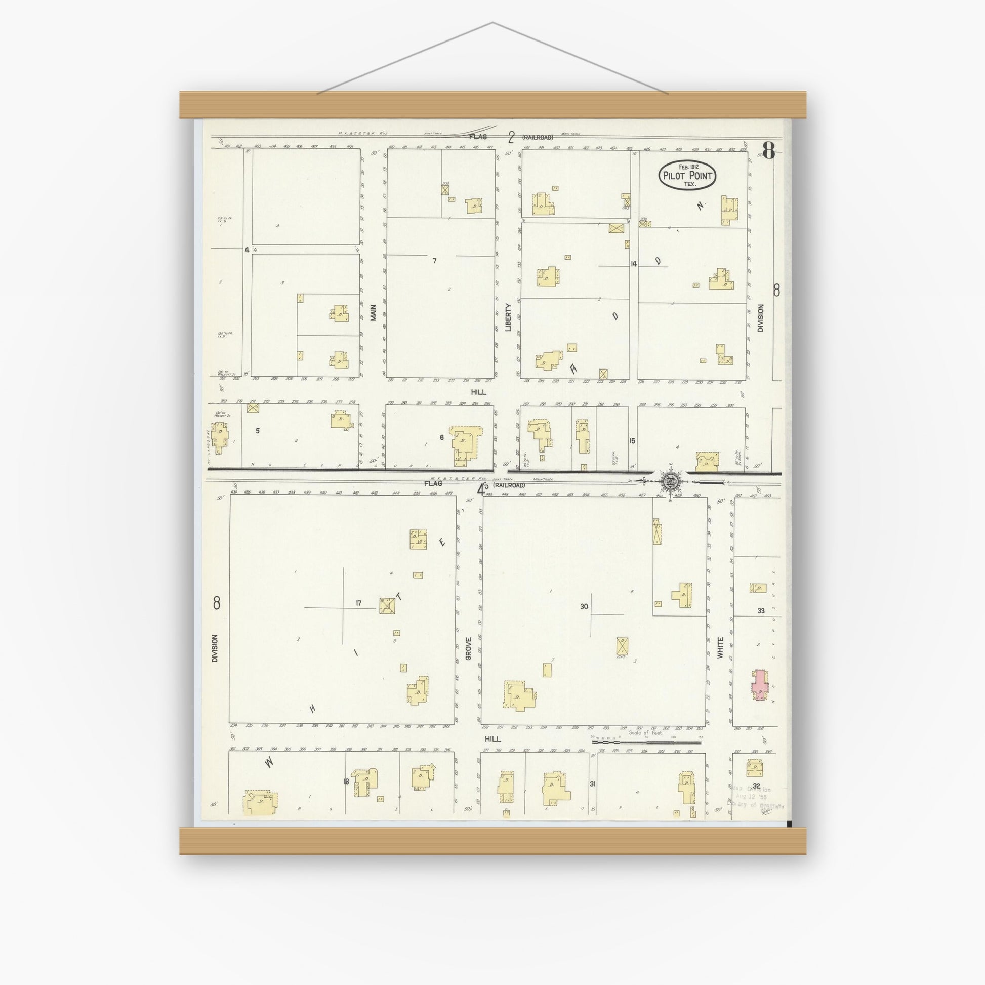 Old map wall art mockup — magnetic wood frame on white wall — Sanborn Fire Insurance Map from Pilot Point, Denton County, Texas (1912), Sheet #0008