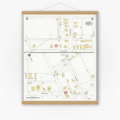Old map wall art mockup — magnetic wood frame on white wall — Sanborn Fire Insurance Map from Midway, Washington County, Pennsylvania (1927), Sheet #0003
