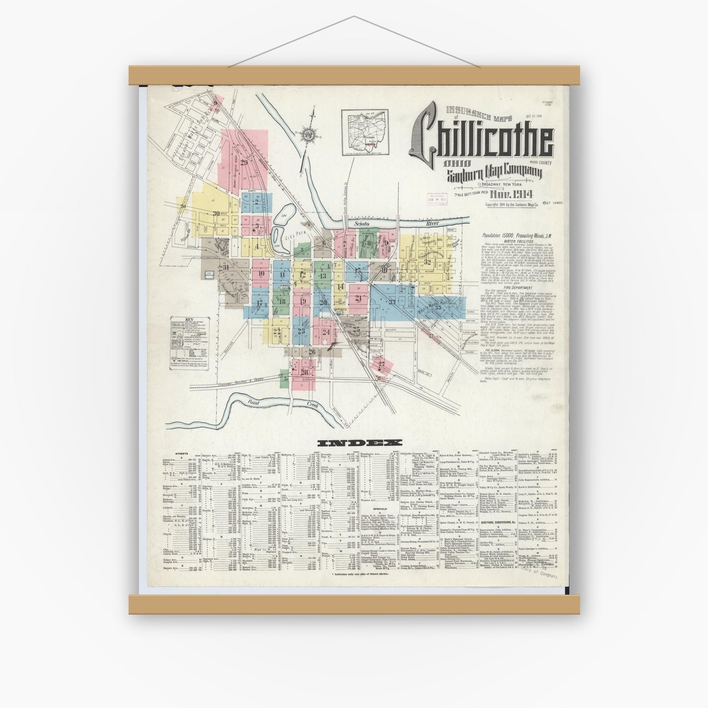 Old map wall art mockup — magnetic wood frame on white wall — Sanborn Fire Insurance Map from Chillicothe, Ross County, Ohio (1914) - Complete Map Set