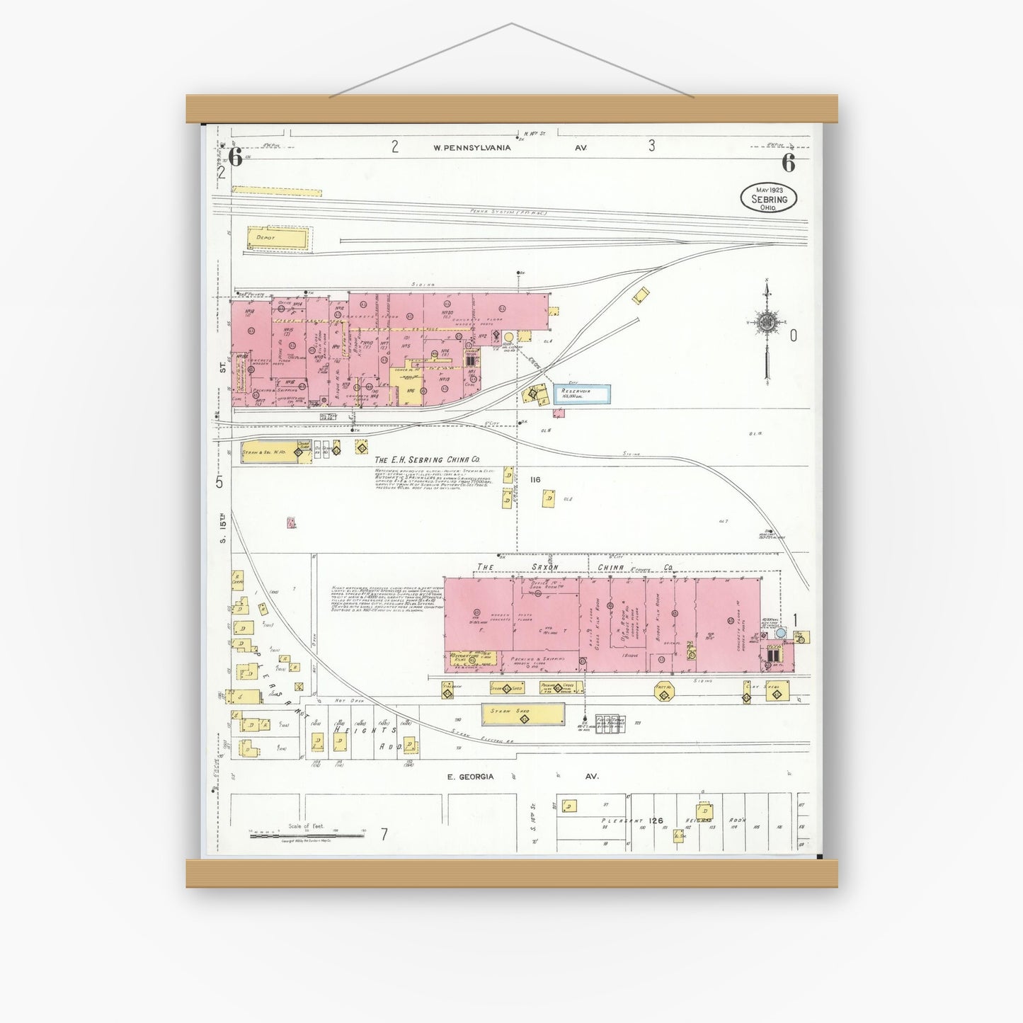 Old map wall art mockup — magnetic wood frame on white wall — Sanborn Fire Insurance Map from Sebring, Mahoning County, Ohio (1923), Sheet #0006