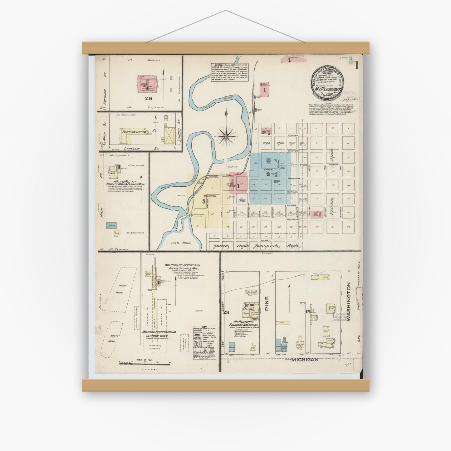Old map wall art mockup — magnetic wood frame on white wall — Sanborn Fire Insurance Map from Mount Pleasant, Isabella County, Michigan (1884) - Complete Map Set