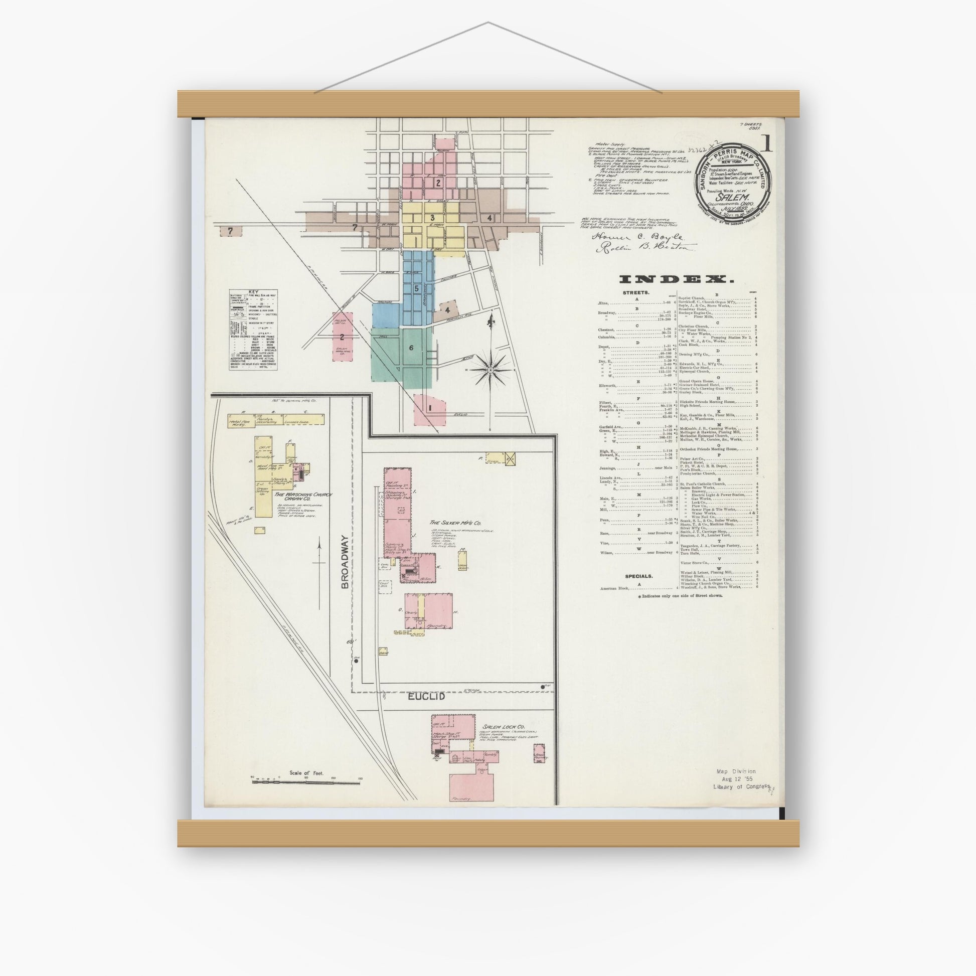Old map wall art mockup — magnetic wood frame on white wall — Sanborn Fire Insurance Map from Salem, Columbiana County, Ohio (1892), Sheet #0001