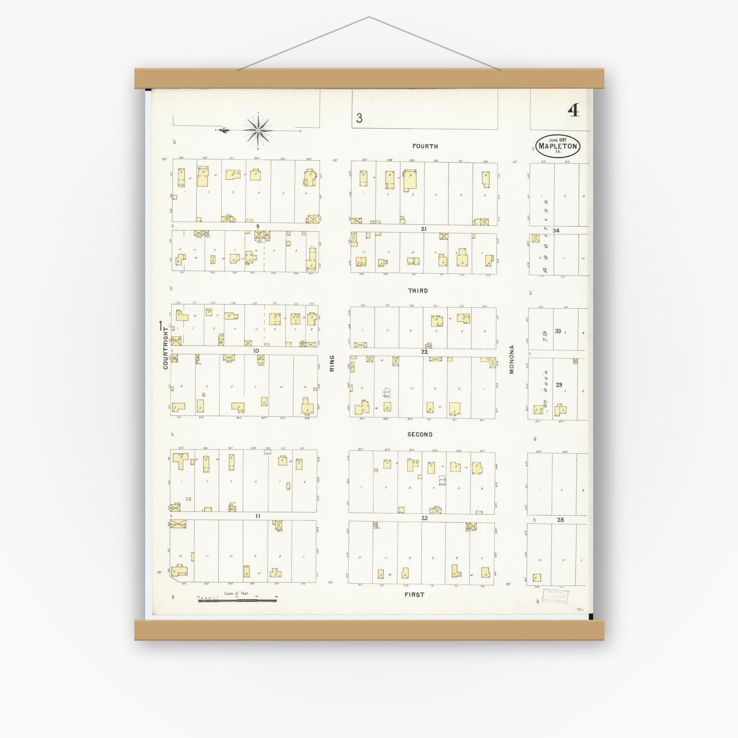 Old map wall art mockup — magnetic wood frame on white wall — Sanborn Fire Insurance Map from Mapleton, Monona County, Iowa (1897), Sheet #0004
