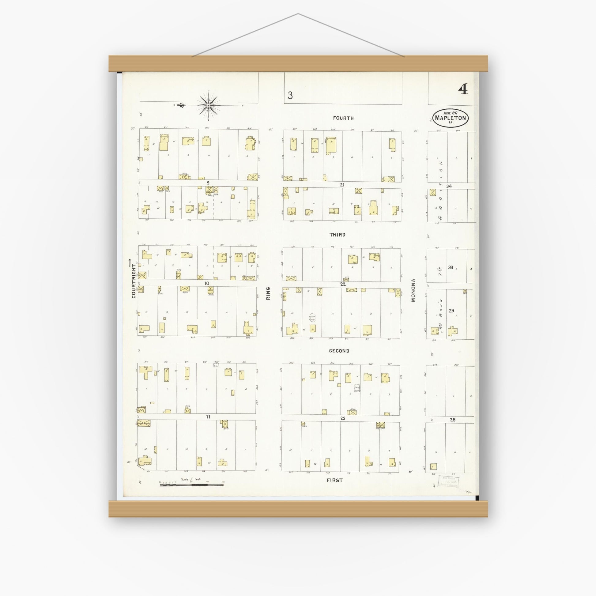 Old map wall art mockup — magnetic wood frame on white wall — Sanborn Fire Insurance Map from Mapleton, Monona County, Iowa (1897), Sheet #0004