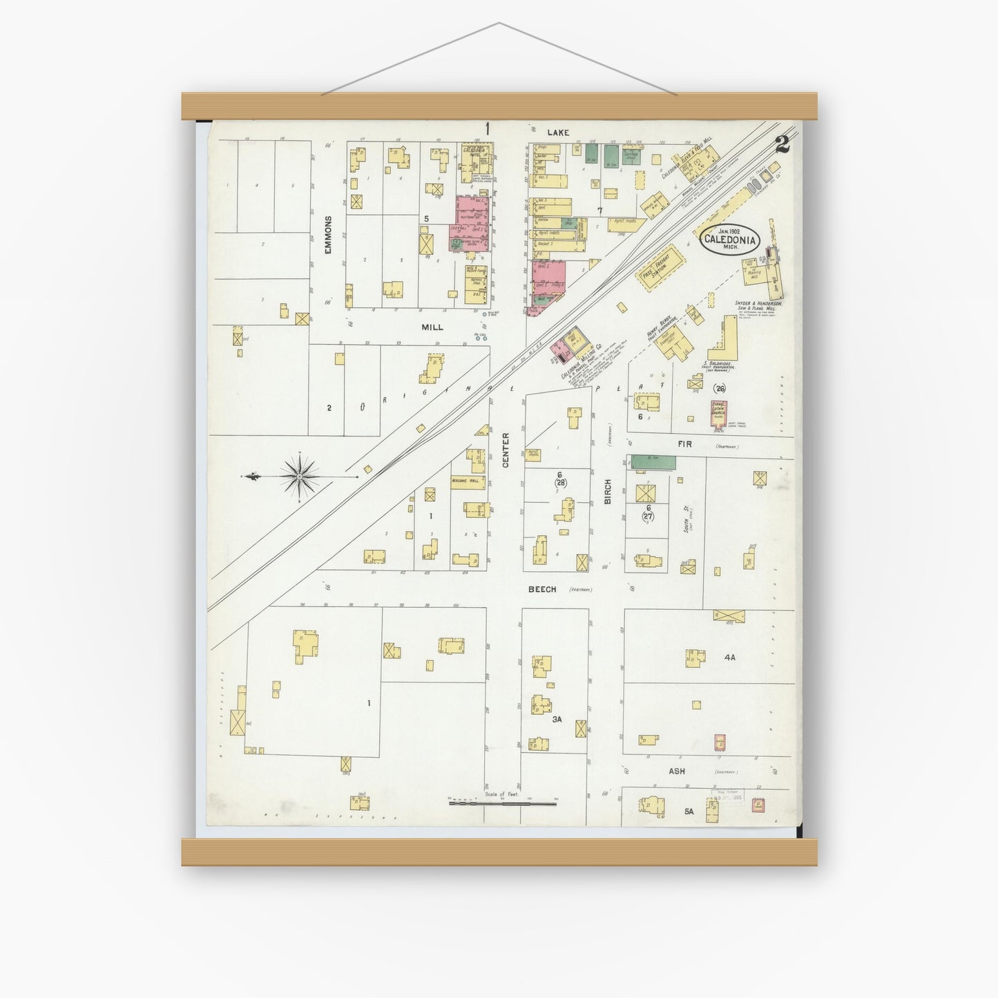 Old map wall art mockup — magnetic wood frame on white wall — Sanborn Fire Insurance Map from Caledonia, Kent County, Michigan (1902), Sheet #0002