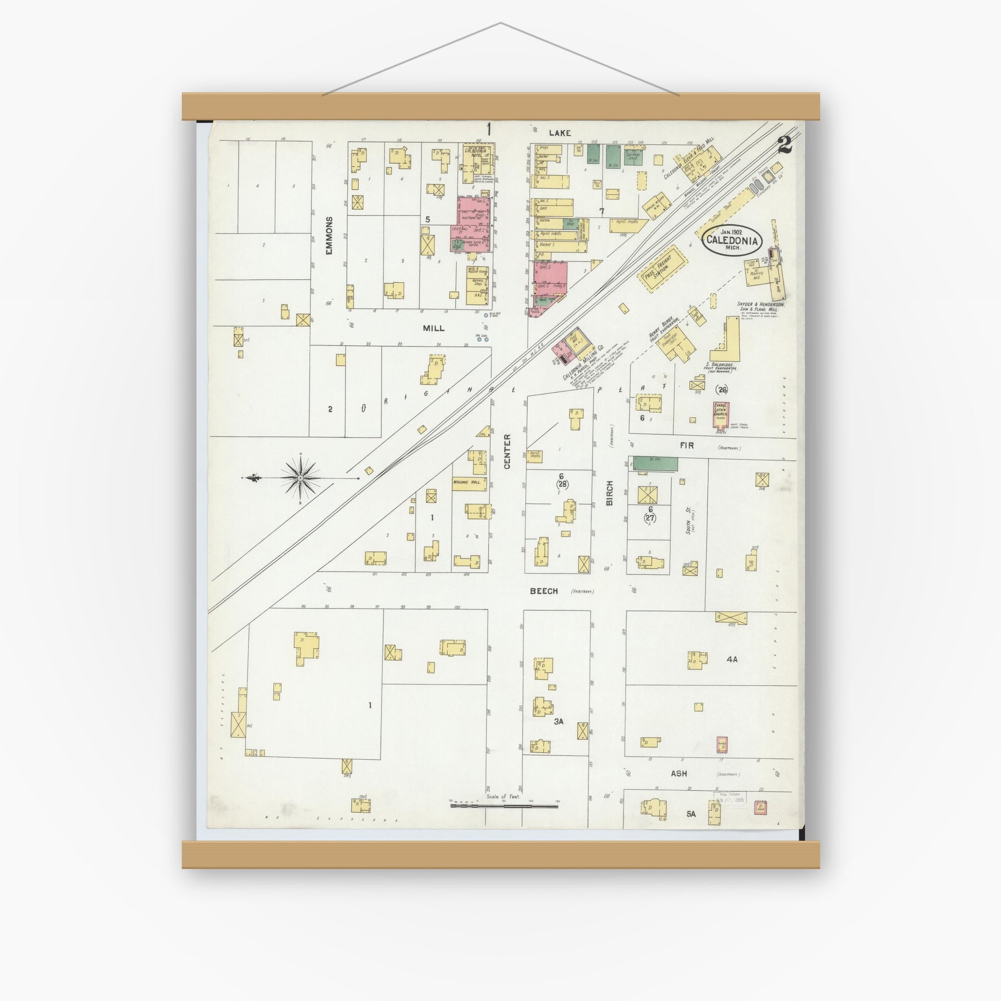 Old map wall art mockup — magnetic wood frame on white wall — Sanborn Fire Insurance Map from Caledonia, Kent County, Michigan (1902), Sheet #0002