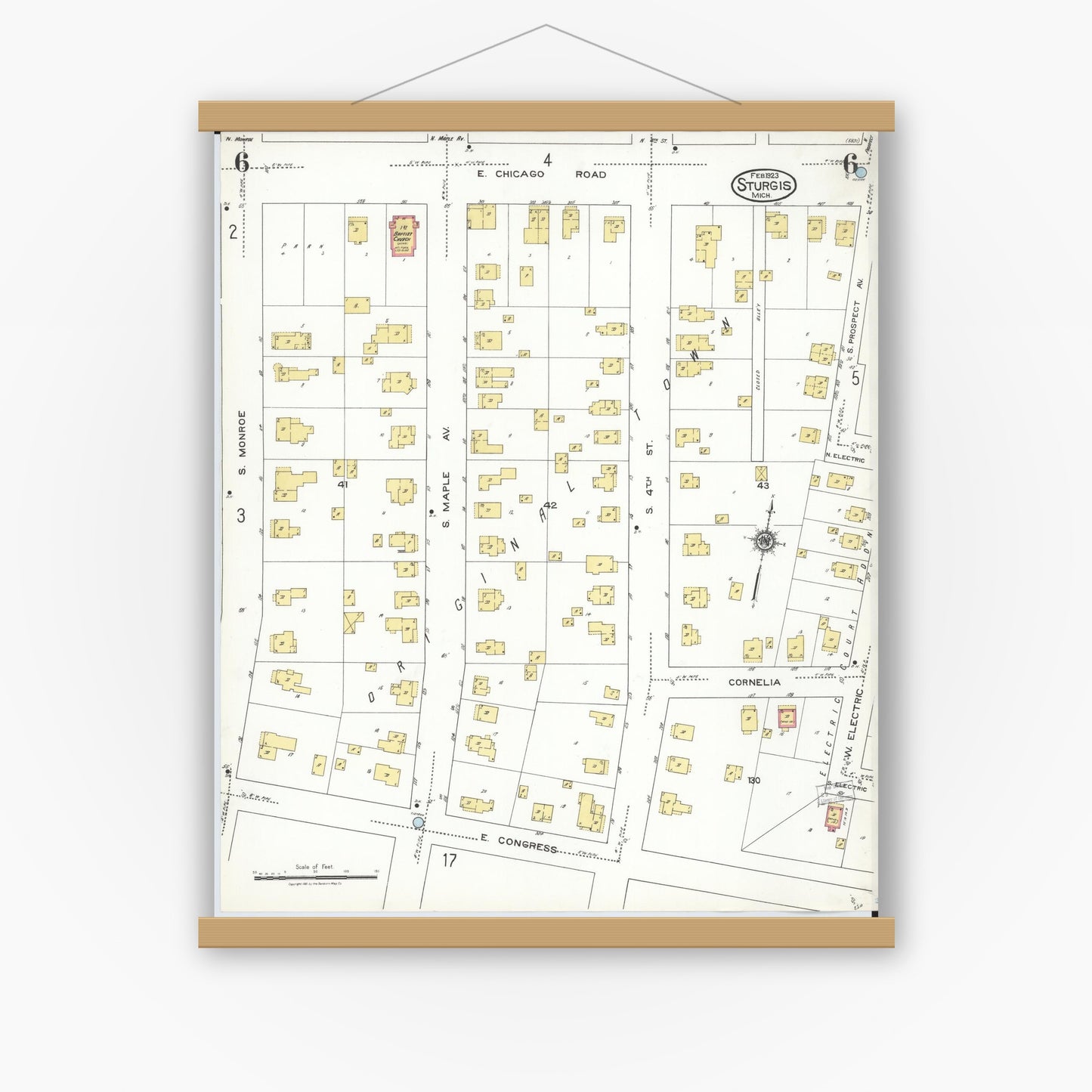 Old map wall art mockup — magnetic wood frame on white wall — Sanborn Fire Insurance Map from Sturgis, Saint Joseph County, Michigan (1923), Sheet #0006
