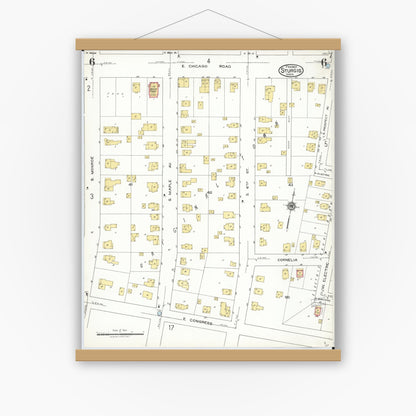 Old map wall art mockup — magnetic wood frame on white wall — Sanborn Fire Insurance Map from Sturgis, Saint Joseph County, Michigan (1923), Sheet #0006