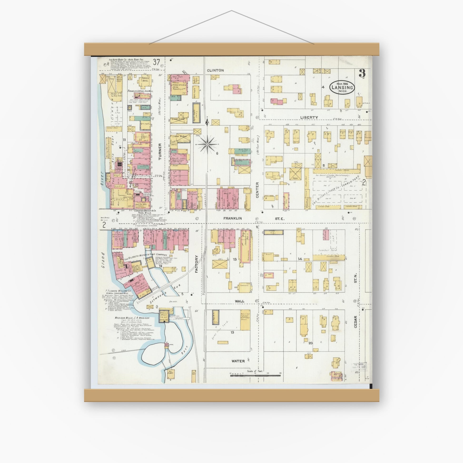 Old map wall art mockup — magnetic wood frame on white wall — Sanborn Fire Insurance Map from Lansing, Ingham County, Michigan (1906), Sheet #0003