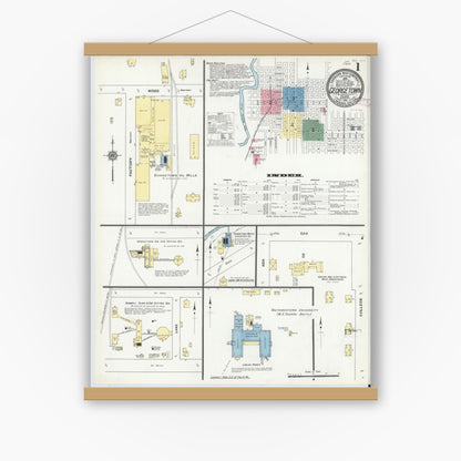 Old map wall art mockup — magnetic wood frame on white wall — Sanborn Fire Insurance Map from Georgetown, Williamson County, Texas (1910), Sheet #0001