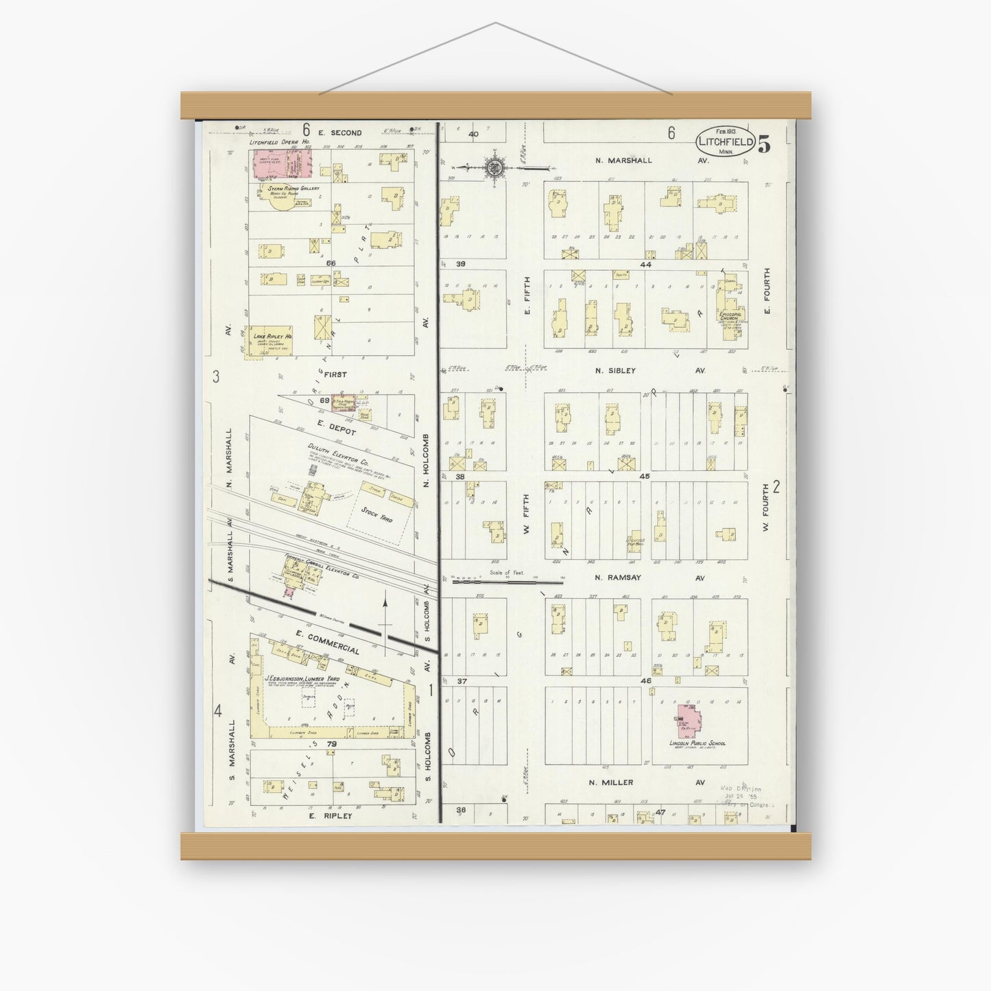 Old map wall art mockup — magnetic wood frame on white wall — Sanborn Fire Insurance Map from Litchfield, Meeker County, Minnesota (1913), Sheet #0005