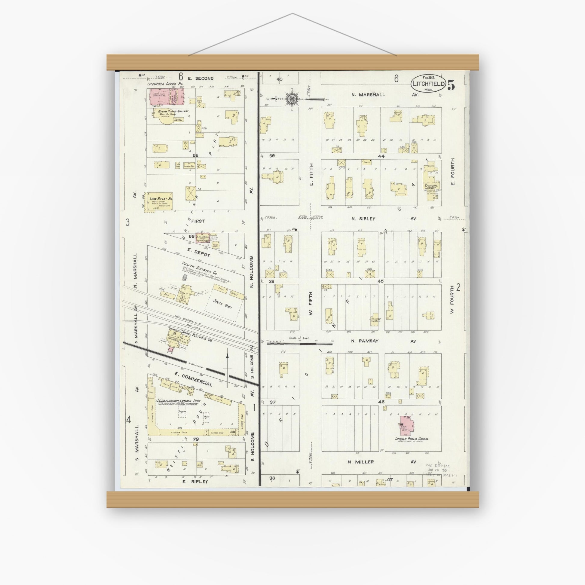 Old map wall art mockup — magnetic wood frame on white wall — Sanborn Fire Insurance Map from Litchfield, Meeker County, Minnesota (1913), Sheet #0005