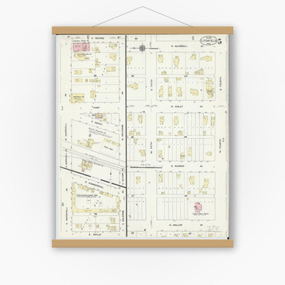 Old map wall art mockup — magnetic wood frame on white wall — Sanborn Fire Insurance Map from Litchfield, Meeker County, Minnesota (1913), Sheet #0005