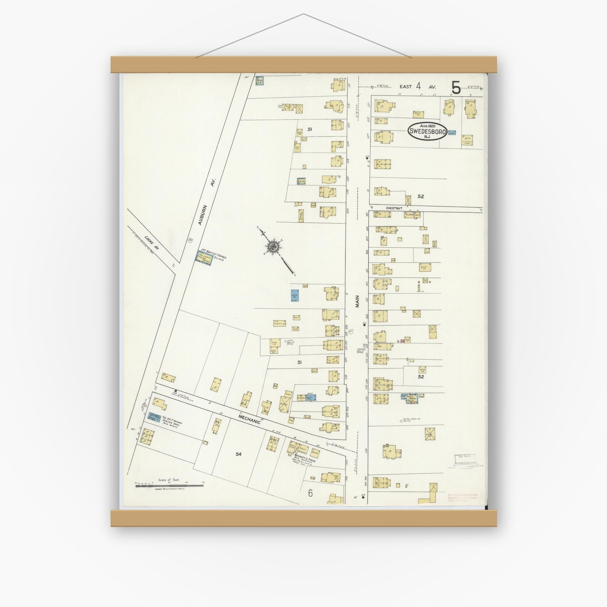 Old map wall art mockup — magnetic wood frame on white wall — Sanborn Fire Insurance Map from Swedesboro, Gloucester County, New Jersey (1920), Sheet #0005