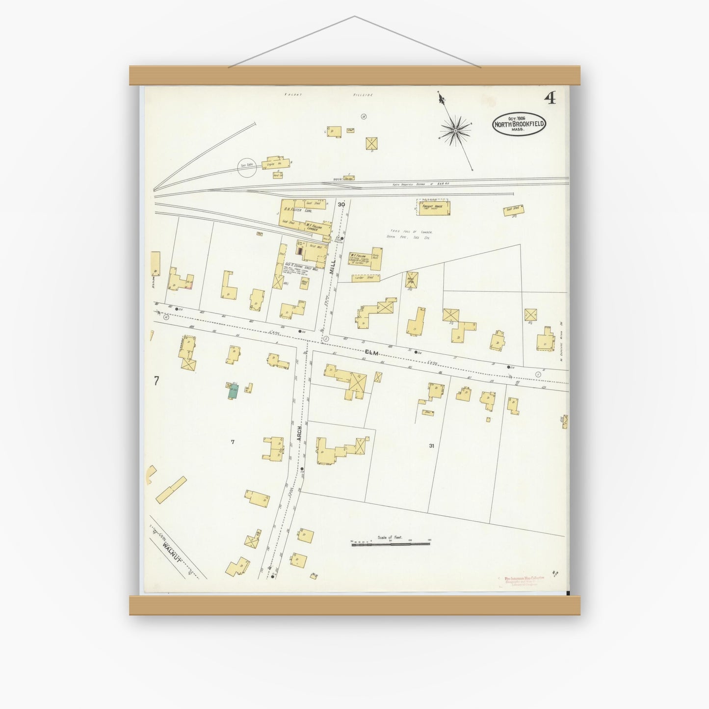 Old map wall art mockup — magnetic wood frame on white wall — Sanborn Fire Insurance Map from North Brookfield, Worcester County, Massachusetts (1906), Sheet #0004