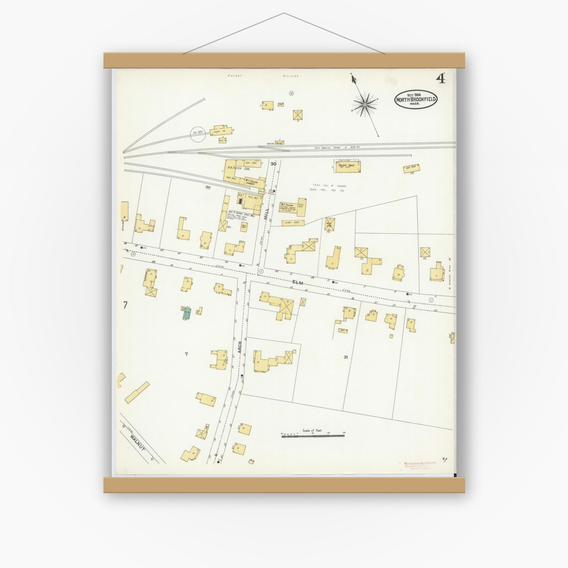 Old map wall art mockup — magnetic wood frame on white wall — Sanborn Fire Insurance Map from North Brookfield, Worcester County, Massachusetts (1906), Sheet #0004