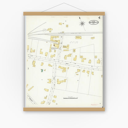 Old map wall art mockup — magnetic wood frame on white wall — Sanborn Fire Insurance Map from North Brookfield, Worcester County, Massachusetts (1906), Sheet #0004