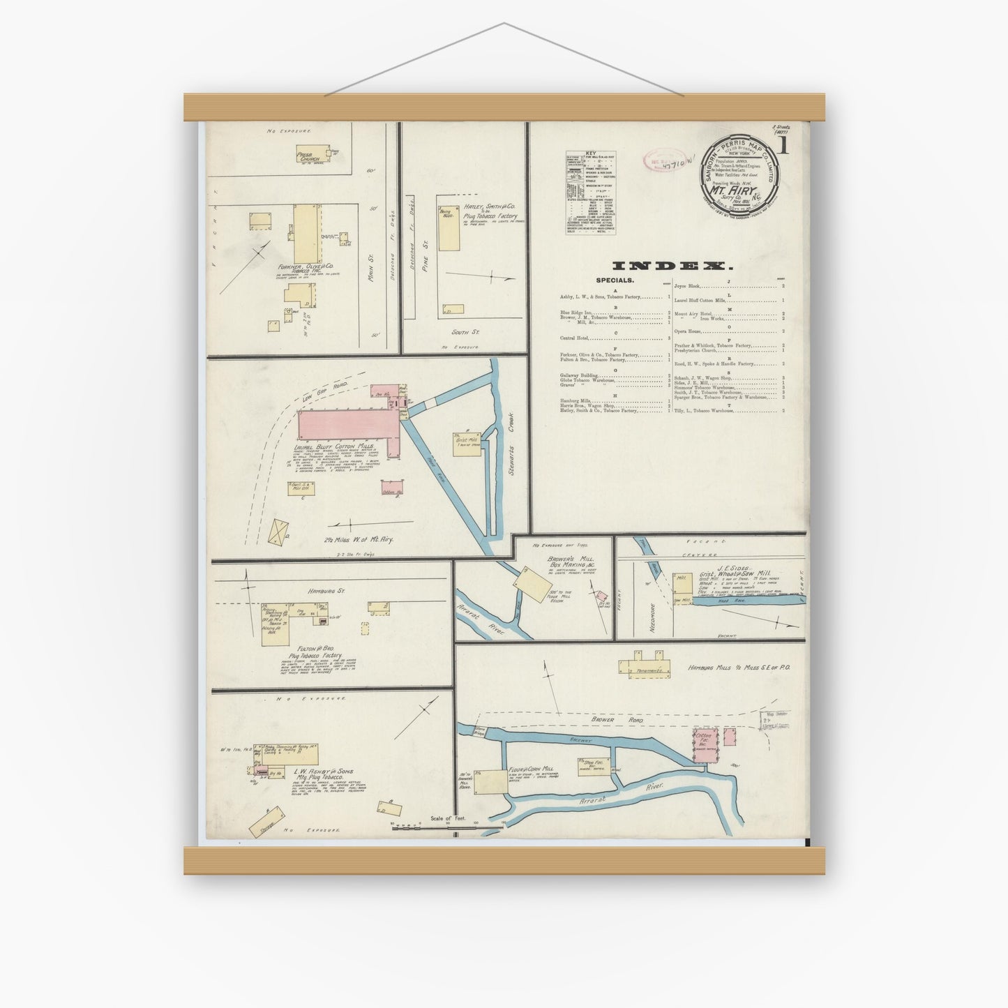 Old map wall art mockup — magnetic wood frame on white wall — Sanborn Fire Insurance Map from Mount Airy, Surry County, North Carolina (1891) - Complete Map Set
