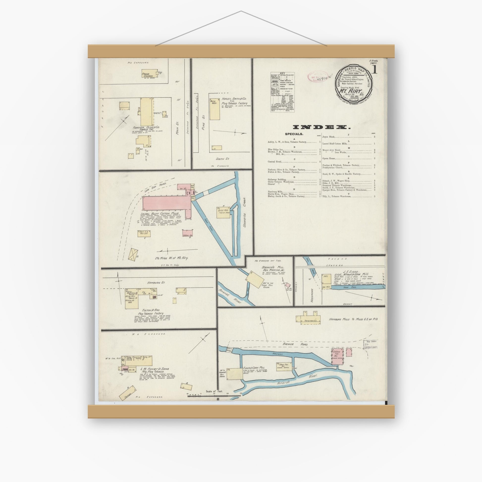 Old map wall art mockup — magnetic wood frame on white wall — Sanborn Fire Insurance Map from Mount Airy, Surry County, North Carolina (1891) - Complete Map Set