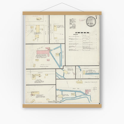 Old map wall art mockup — magnetic wood frame on white wall — Sanborn Fire Insurance Map from Mount Airy, Surry County, North Carolina (1891) - Complete Map Set