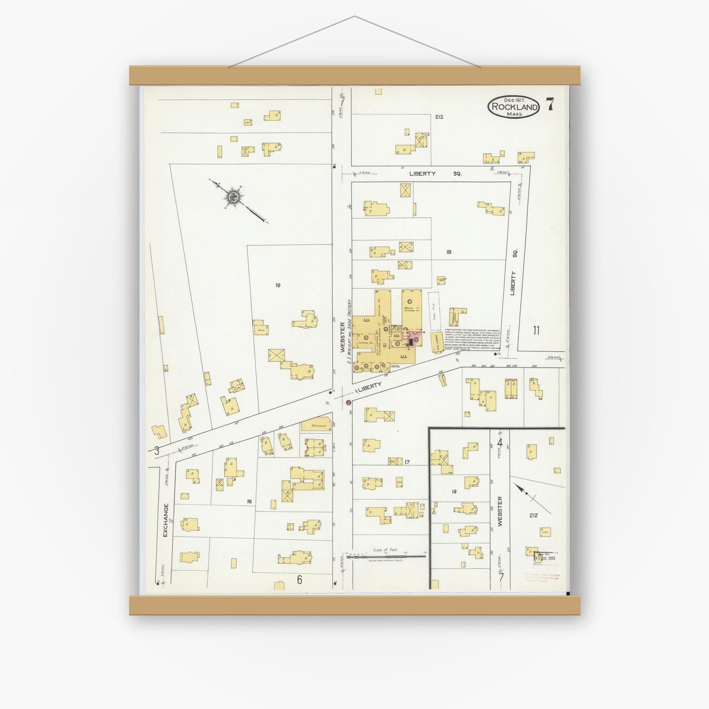 Old map wall art mockup — magnetic wood frame on white wall — Sanborn Fire Insurance Map from Rockland, Plymouth County, Massachusetts (1917), Sheet #0007