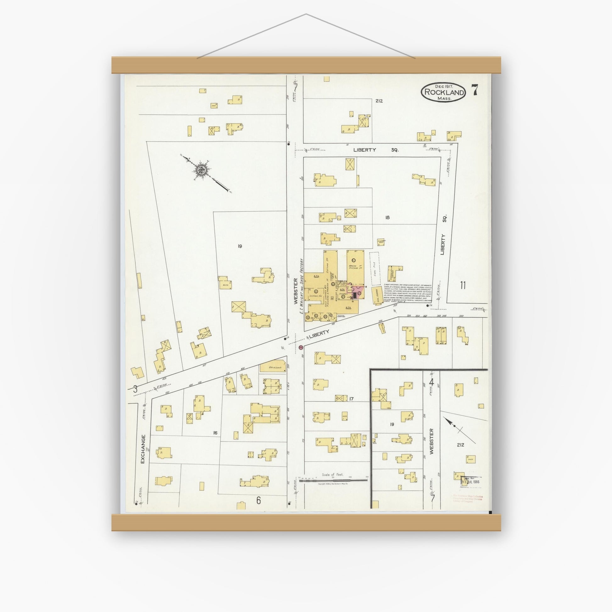 Old map wall art mockup — magnetic wood frame on white wall — Sanborn Fire Insurance Map from Rockland, Plymouth County, Massachusetts (1917), Sheet #0007