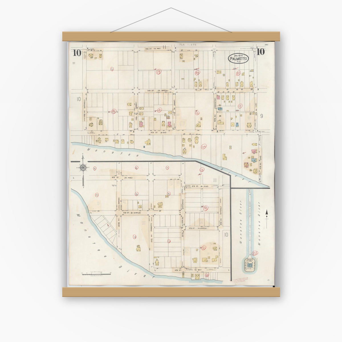 Old map wall art mockup — magnetic wood frame on white wall — Sanborn Fire Insurance Map from Palmetto, Manatee County, Florida (1944), Sheet #0010