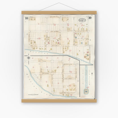 Old map wall art mockup — magnetic wood frame on white wall — Sanborn Fire Insurance Map from Palmetto, Manatee County, Florida (1944), Sheet #0010