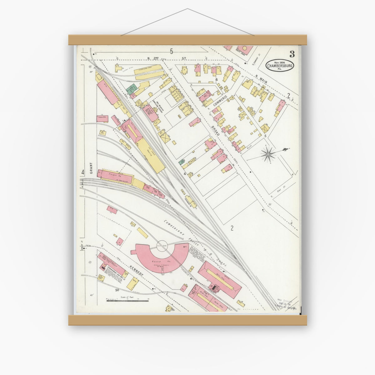 Old map wall art mockup — magnetic wood frame on white wall — Sanborn Fire Insurance Map from Chambersburg, Franklin County, Pennsylvania (1904), Sheet #0003
