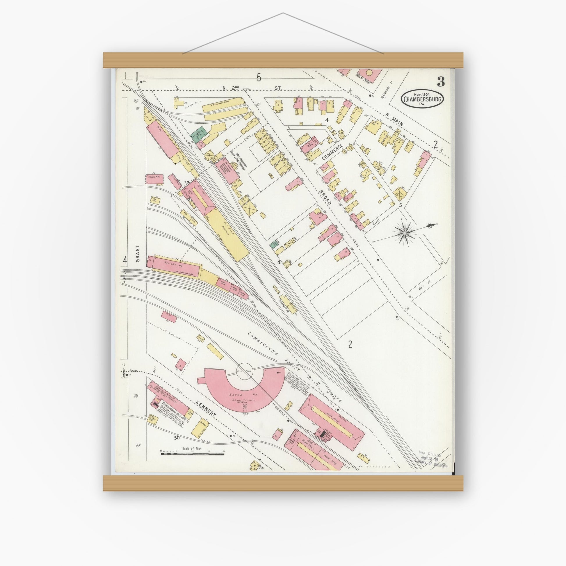 Old map wall art mockup — magnetic wood frame on white wall — Sanborn Fire Insurance Map from Chambersburg, Franklin County, Pennsylvania (1904), Sheet #0003