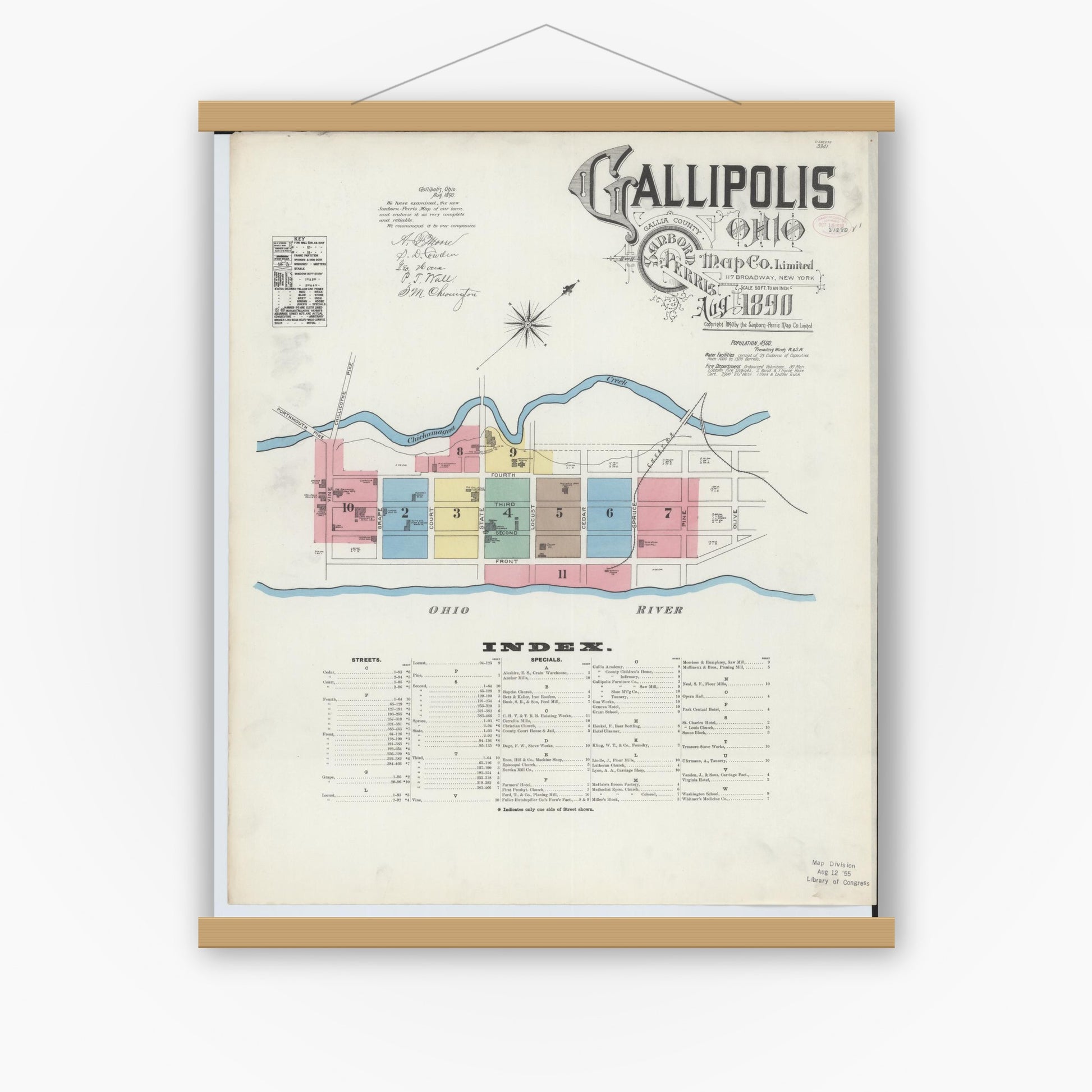 Old map wall art mockup — magnetic wood frame on white wall — Sanborn Fire Insurance Map from Gallipolis, Gallia County, Ohio (1890), Sheet #0001