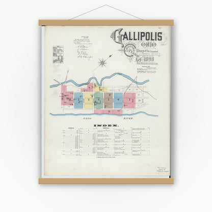 Old map wall art mockup — magnetic wood frame on white wall — Sanborn Fire Insurance Map from Gallipolis, Gallia County, Ohio (1890), Sheet #0001