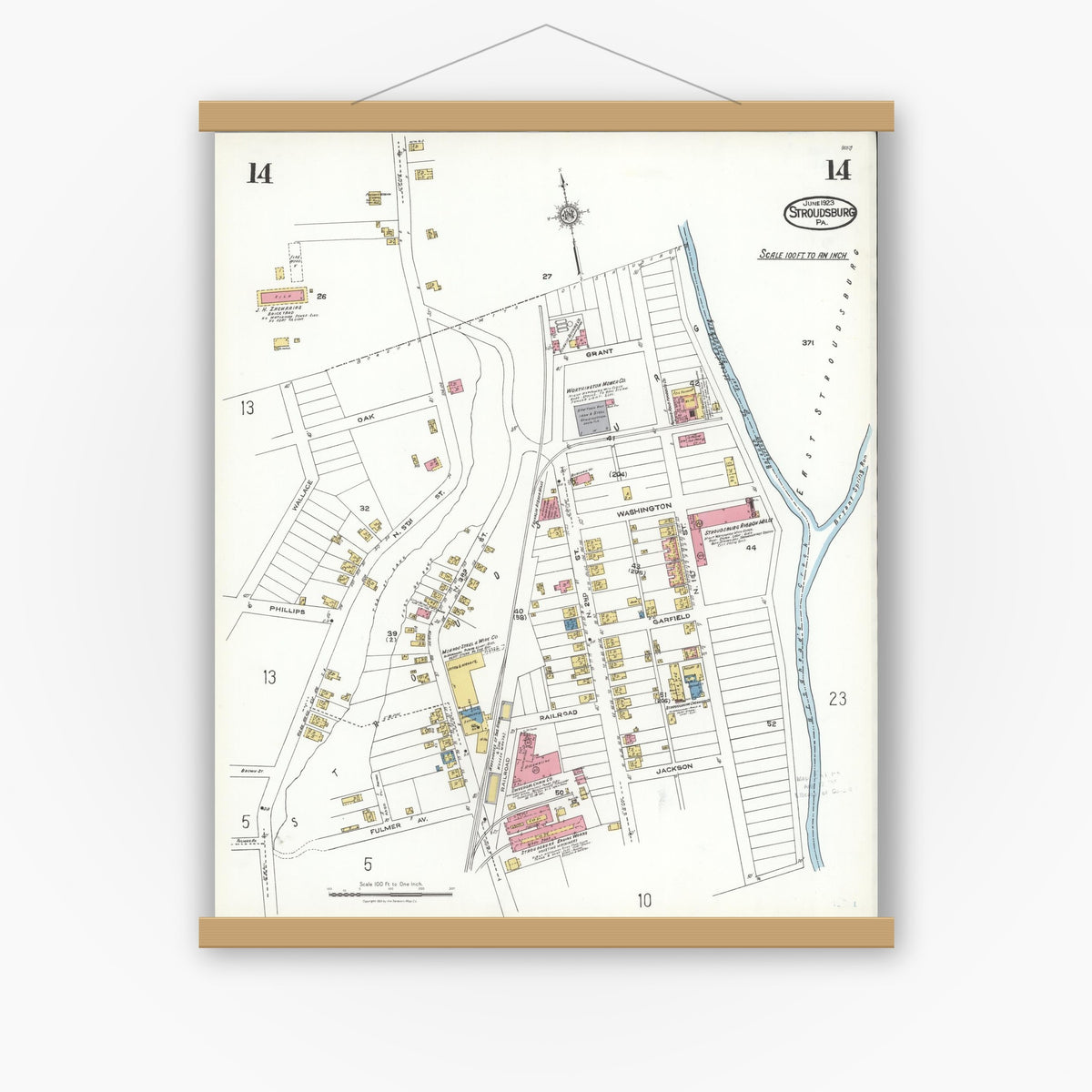 Old map wall art mockup — magnetic wood frame on white wall — Sanborn Fire Insurance Map from Stroudsburg, Monroe County, Pennsylvania (1923), Sheet #0014