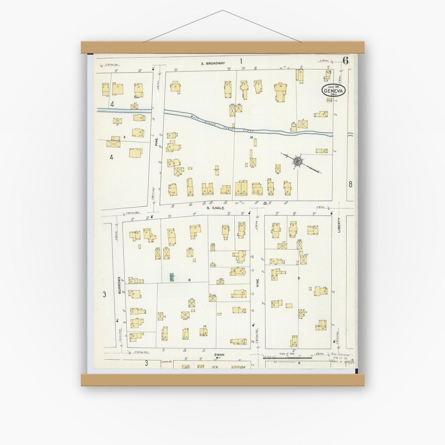 Old map wall art mockup — magnetic wood frame on white wall — Sanborn Fire Insurance Map from Geneva, Ashtabula County, Ohio (1911), Sheet #0006